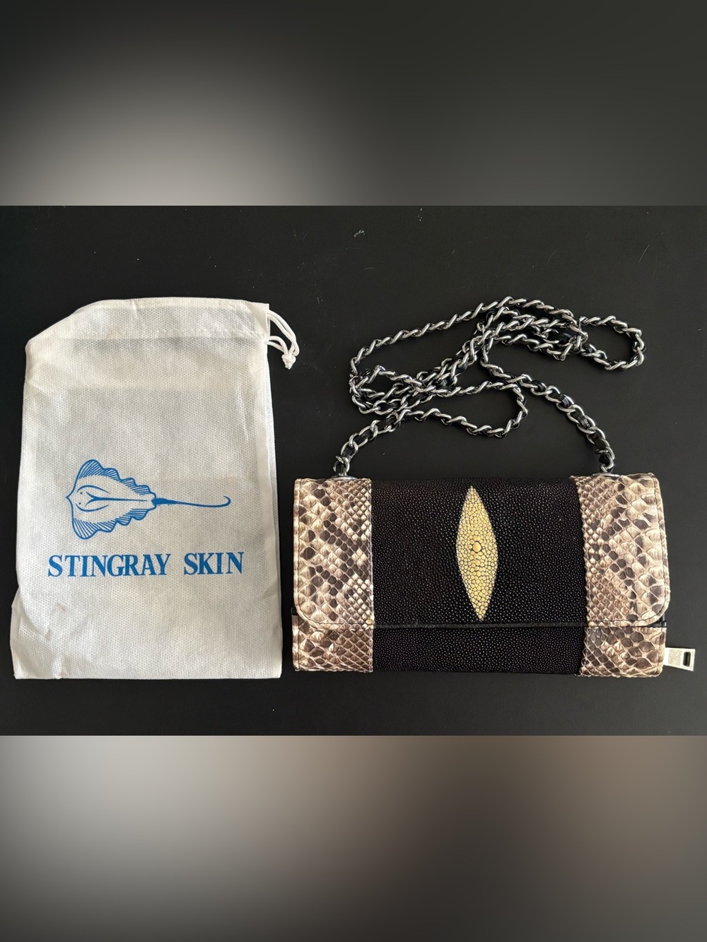 Genuine Stingray & Python Skin Clutch Wallet 8.5 inches